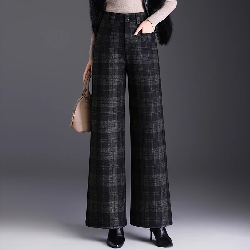 复古格子毛呢阔腿裤女秋冬新款高腰显瘦女士裤子长裤直筒休闲女裤