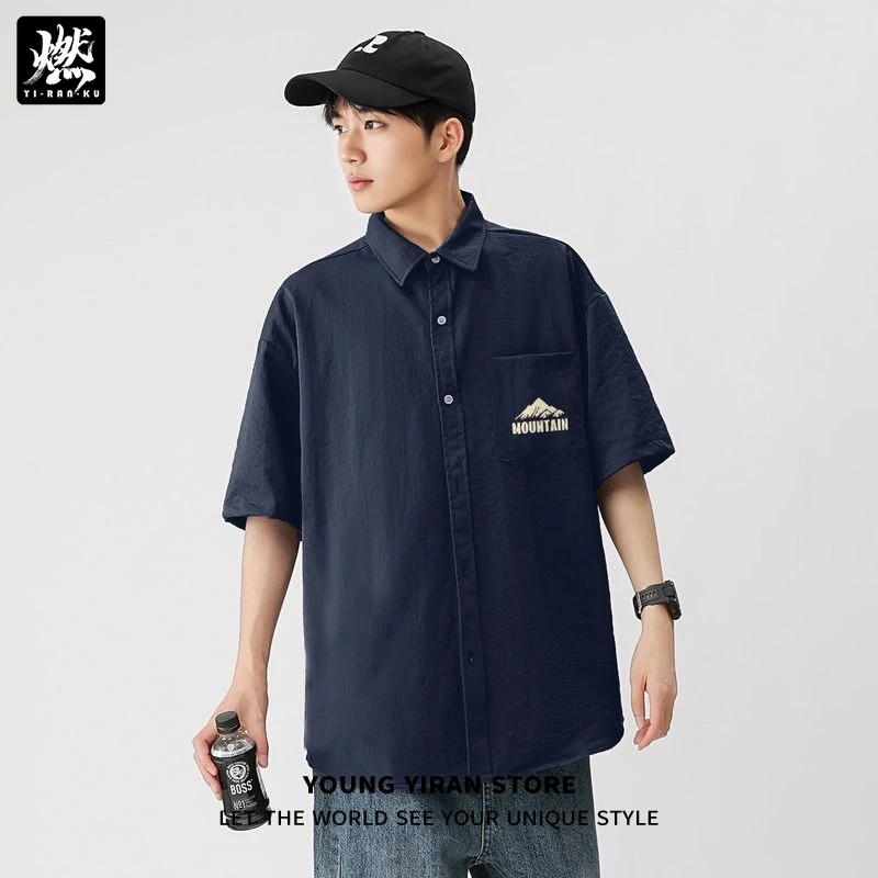 潮牌复古衬衫男短袖夏季冰丝休闲衬衣宽松显瘦日系翻领五分袖商务