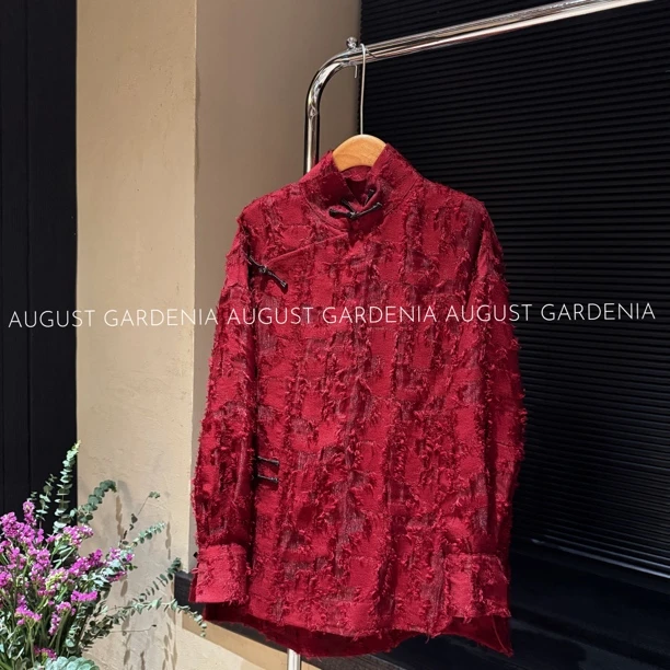 「朱砂密语」烧花工艺新中式国风立领长袖斜襟百搭上衣