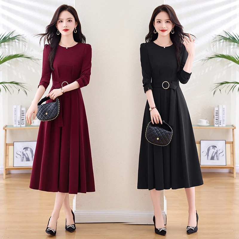 长袖轻熟风春夏轻奢红色连衣裙春季秋冬春装女装礼服春秋长袖时尚