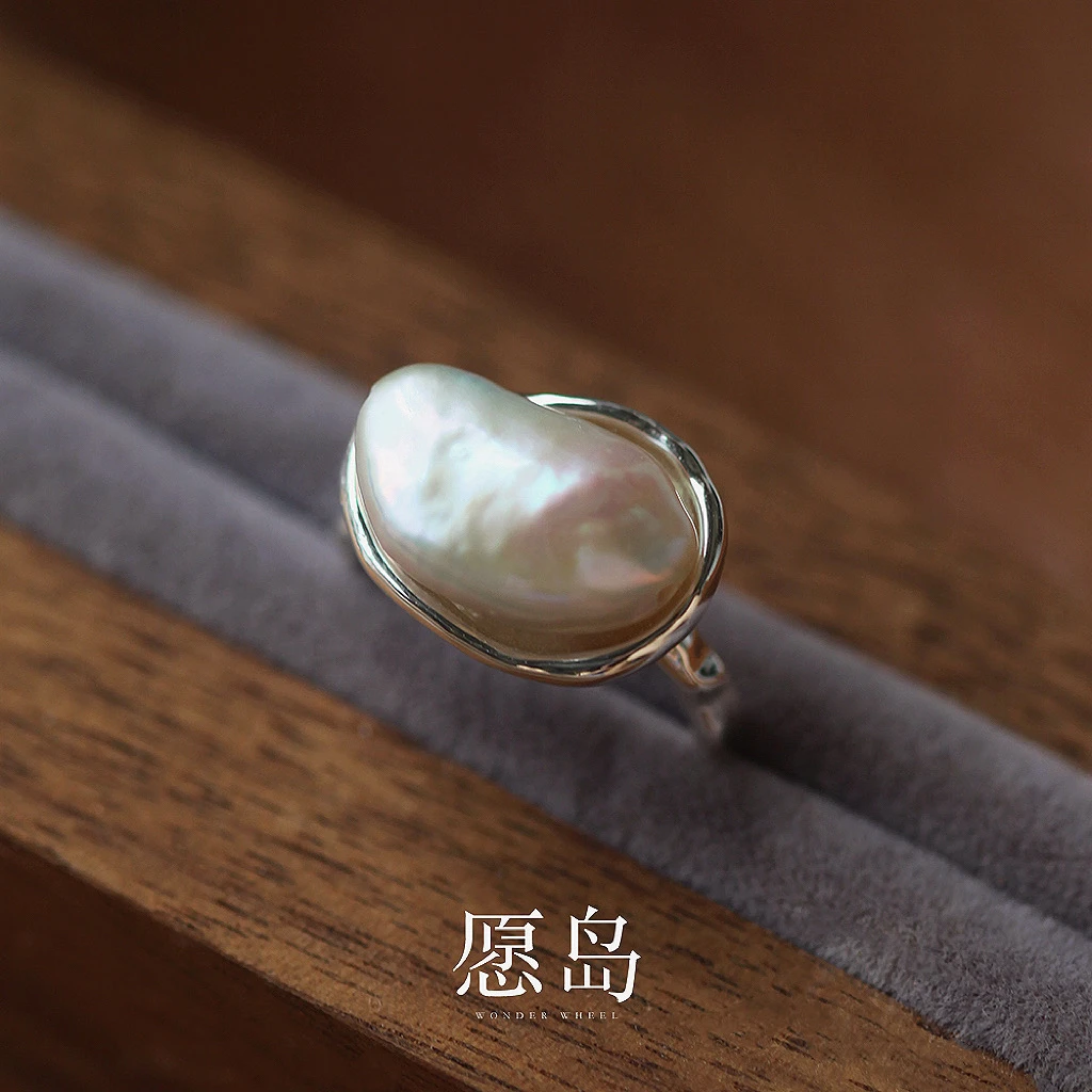 愿岛 黄铜戒指 法式气质亮面银色金属不规则巴洛克开口戒指JZ2006