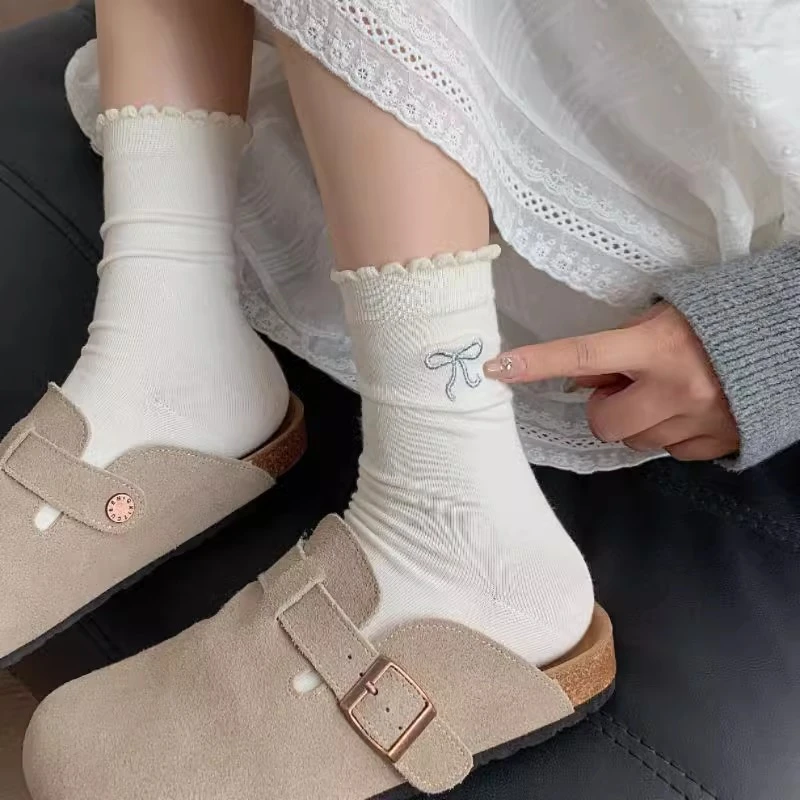 miu灰色花边蝴蝶结袜子女春秋纯色中筒袜韩系少女ins潮堆堆袜船袜