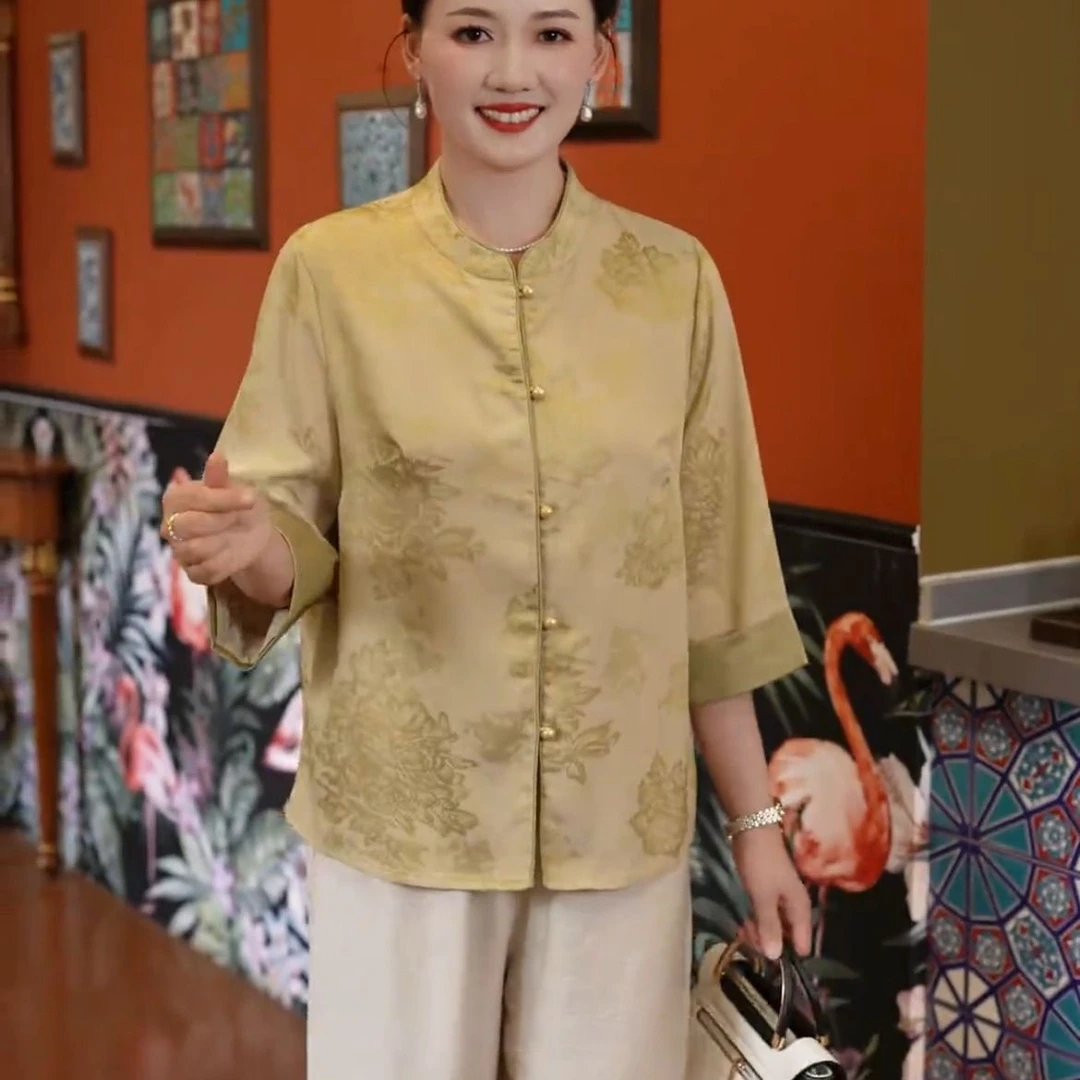 中老年女装七分袖衬衫妈妈装印花春夏季开衫上衣新中式国风