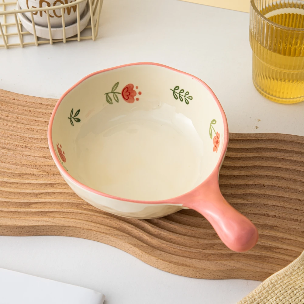 家用陶瓷餐具美二烧釉下彩四季花异形石头纹手柄碗早餐碗甜品碗