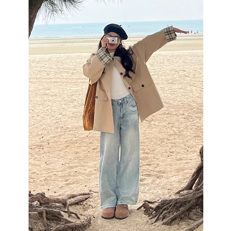 巴恩风格纹撞色风衣外套女短款2025春季新款韩系小个子卡其色大衣