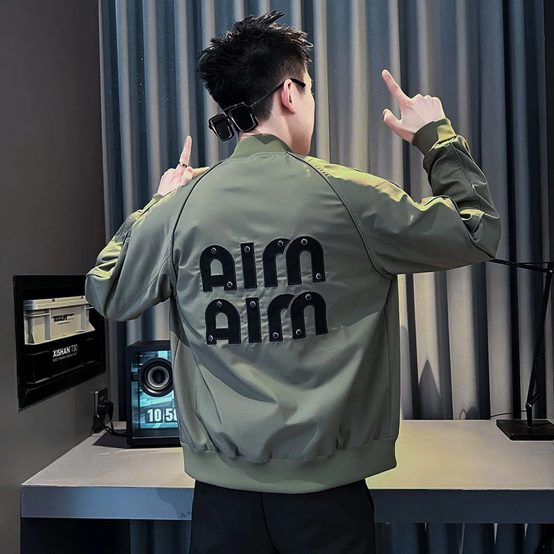 安哥拉红色外套男潮流痞帅设计感字母印花男装春秋款棒球领夹克衫