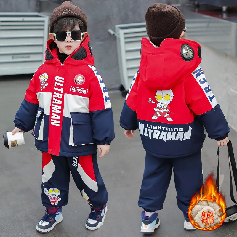 男童加绒奥特曼套装冬季2024新款男孩帅气加厚保暖儿童两件套