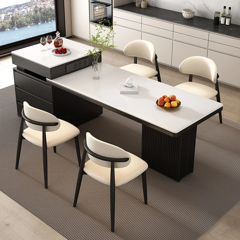 顺木佳岛台餐桌一体现代简约家用可伸缩岩板餐桌椅组合吃饭泡茶桌