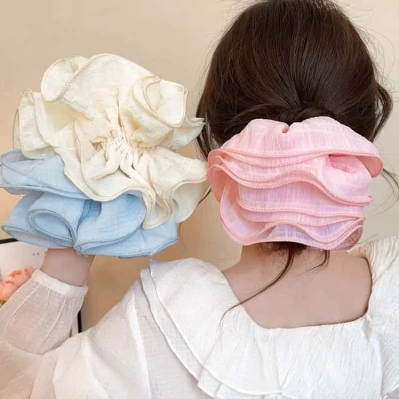 早春糖果色网纱多层木耳边大肠发圈头绳女慵懒氛围感马尾发绳头饰