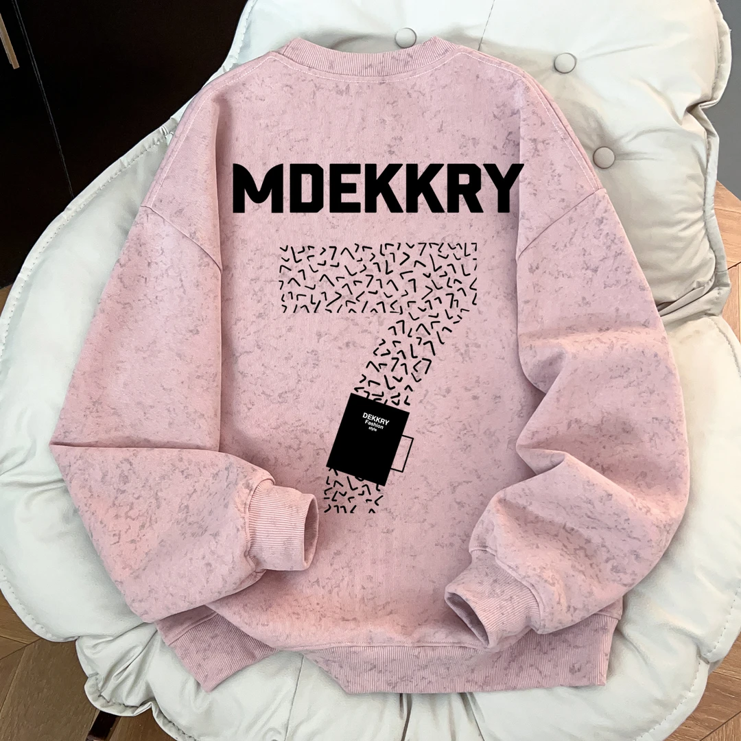 美式设计感字母数字印花卫衣秋冬季韩系男女款粉色蜡染休闲上衣潮