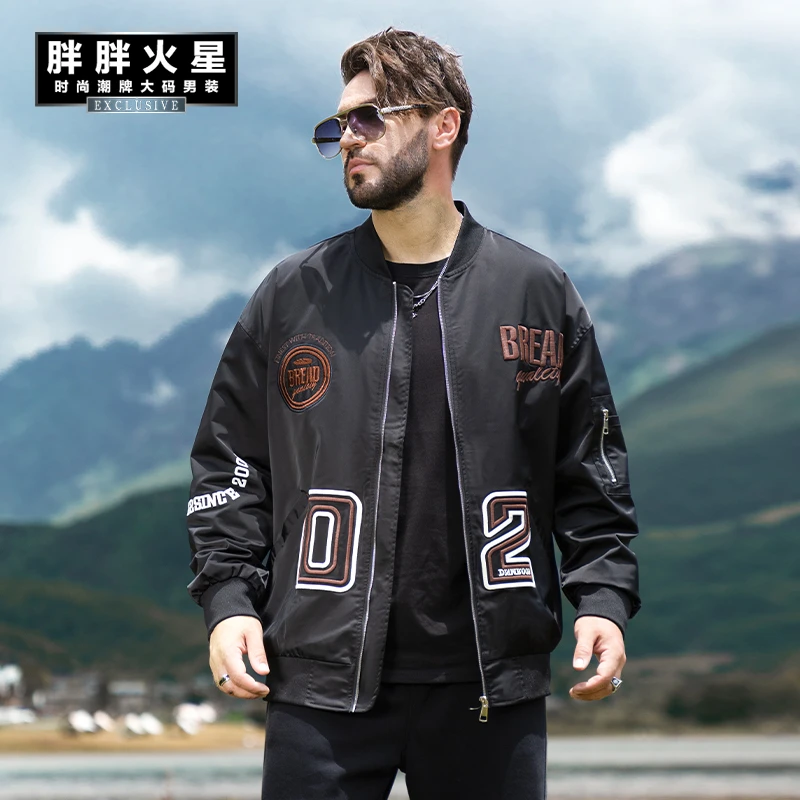 加棉加厚大码男春秋季美式重工刺绣棒球服男胖子潮流飞行夹克外套