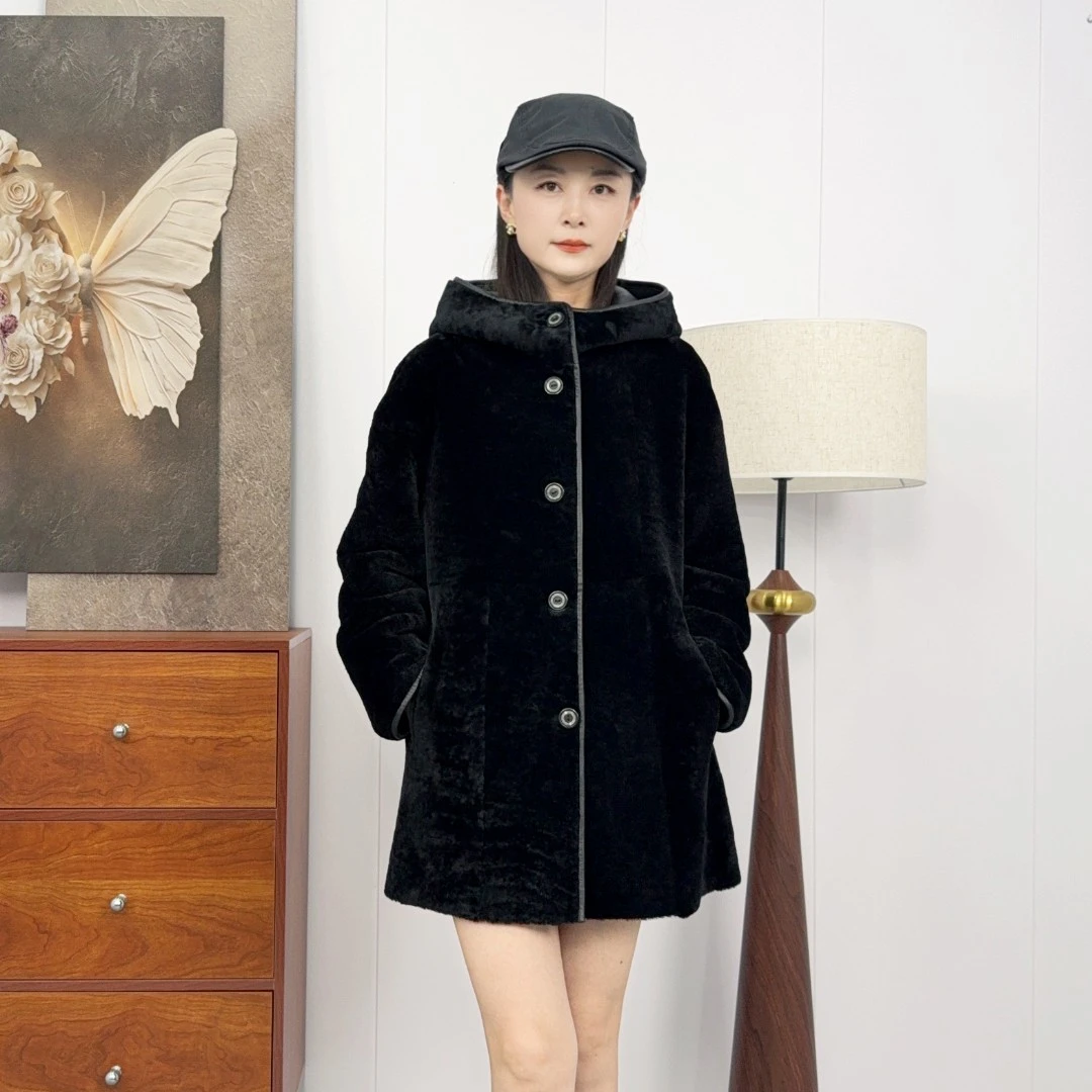 DIDANCHI 两面穿 进口西班牙超细美利奴 皮毛一体连帽中长款秋冬