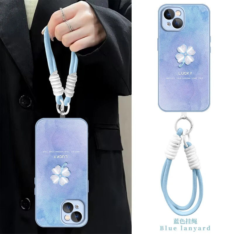 【苹果/华为/荣耀/OPPO/vivo/小米】四叶草蓝底液态小羊皮女手机壳