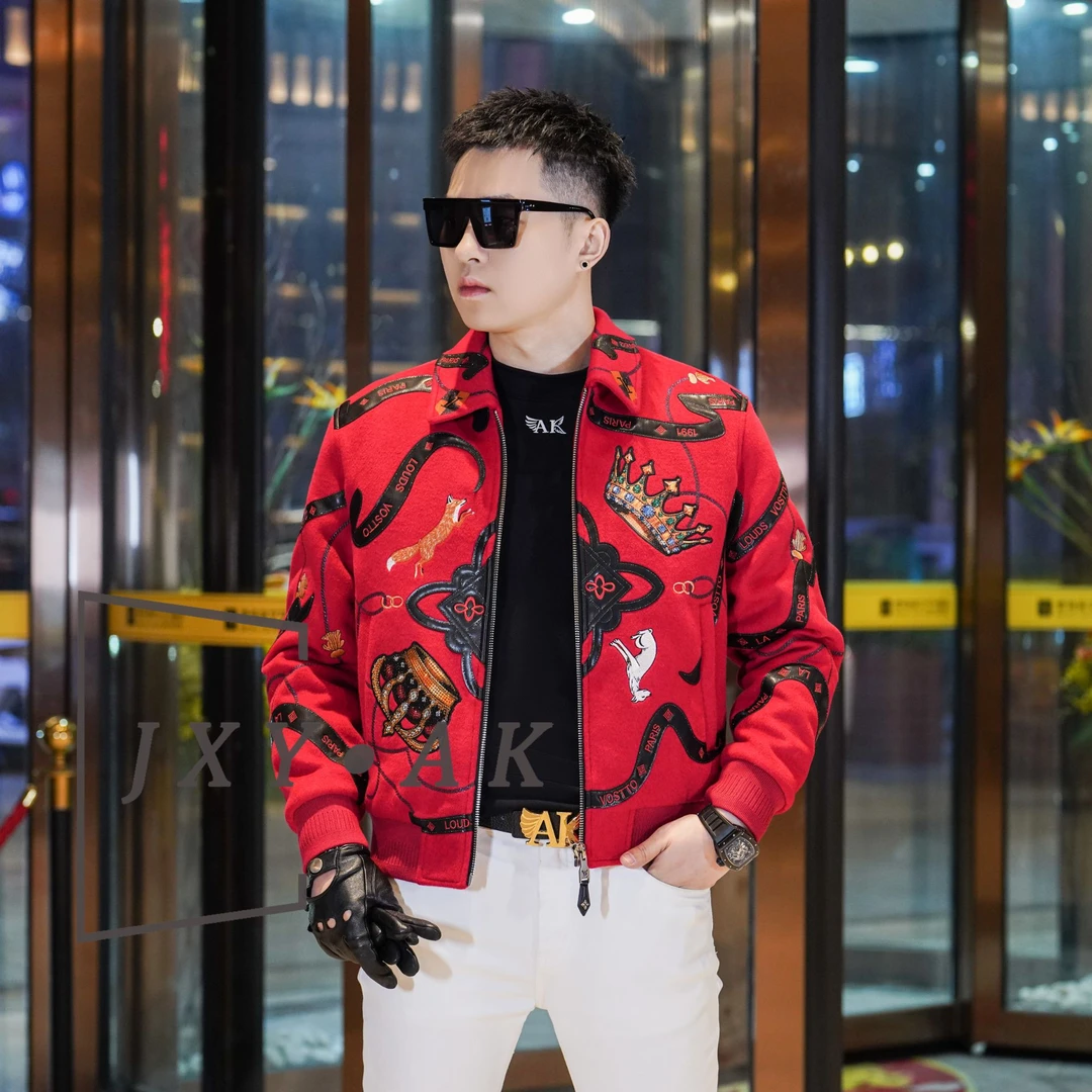 2025冬季新款男士翻领羊毛混纺拼皮夹克重工刺绣时尚鹅绒保暖外套