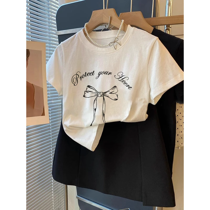夏季新款韩版减龄正肩短袖T恤女洋气衣服蝴蝶结印花气质圆领上衣