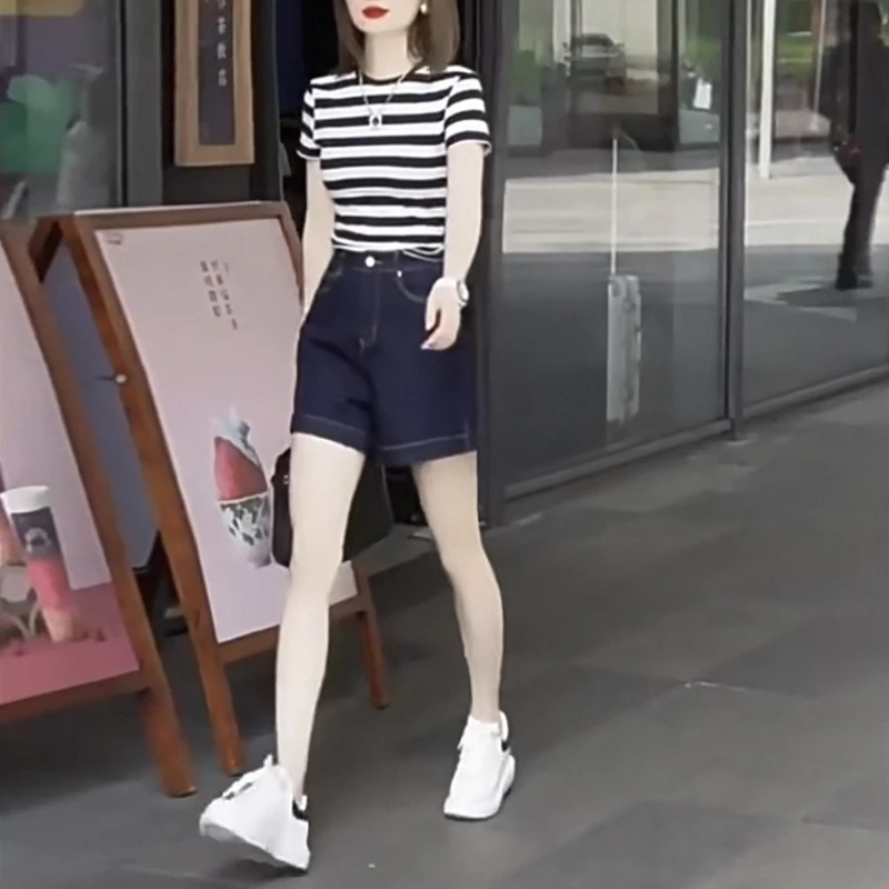 欧洲站黑白条纹短袖t恤女牛仔裤两件套套装夏季节修身显瘦正肩T恤