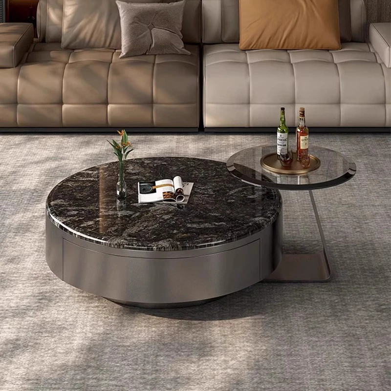 进口天然奢石高档款茶几别野风客厅家用大小圆形不锈钢茶几组合