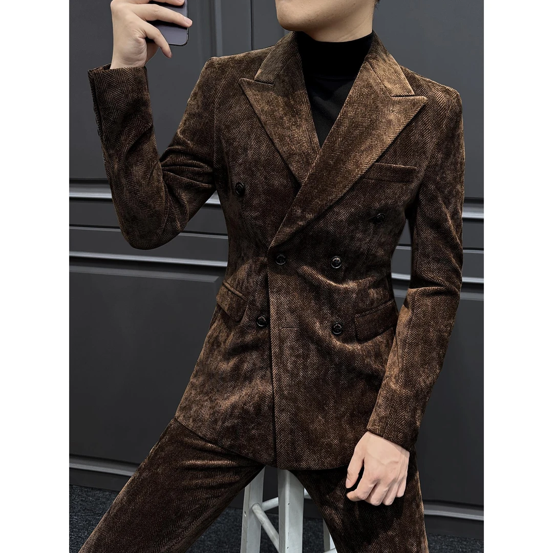 雪尼尔双排扣西装外套男2025新款商务休闲秋冬结婚高级感西服套装