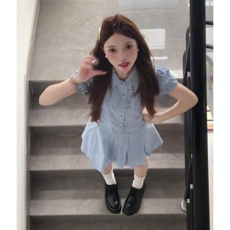 连衣裙女2025夏季新款韩系穿搭翻领设计感收腰显瘦短袖百褶裙子