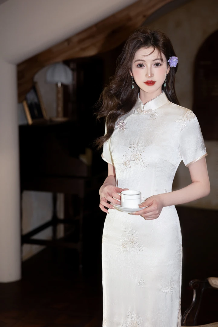 M系列中长裙日常修身短袖新中式网红旗袍中长款低开衩短款