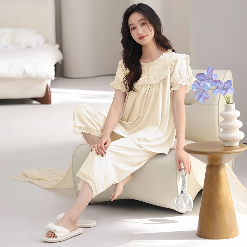 夏季新款纯棉短袖七分裤睡衣女宫廷风减龄亲肤透气夏天家居服套装