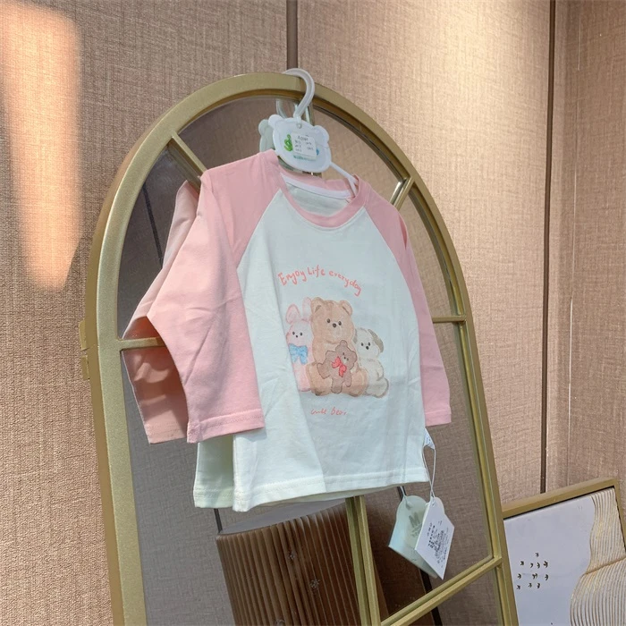 AD140    宝宝粉色拼接袖纯棉长袖T恤  春季