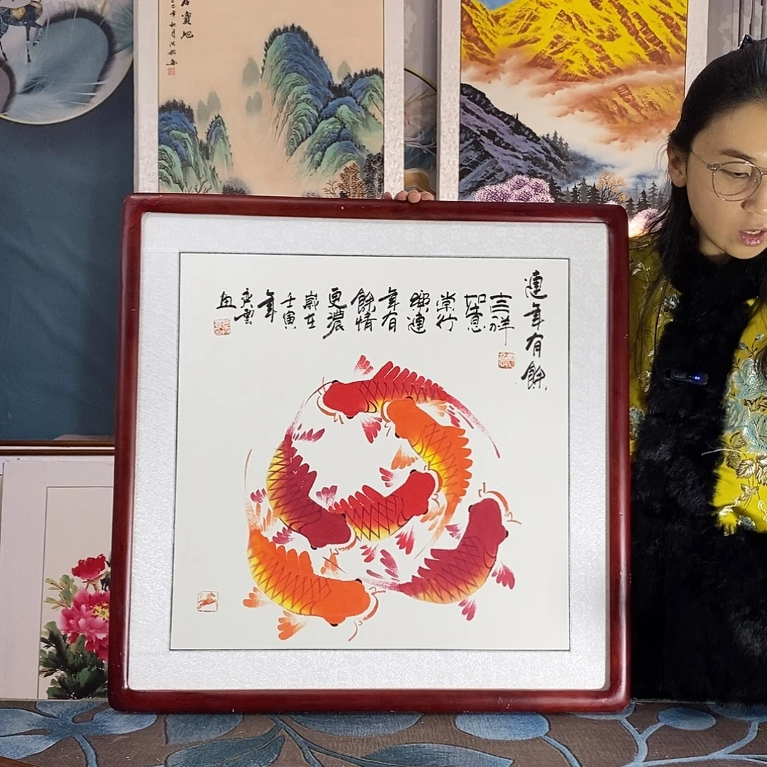 国画手写手绘国画作品带框包邮62✖️62