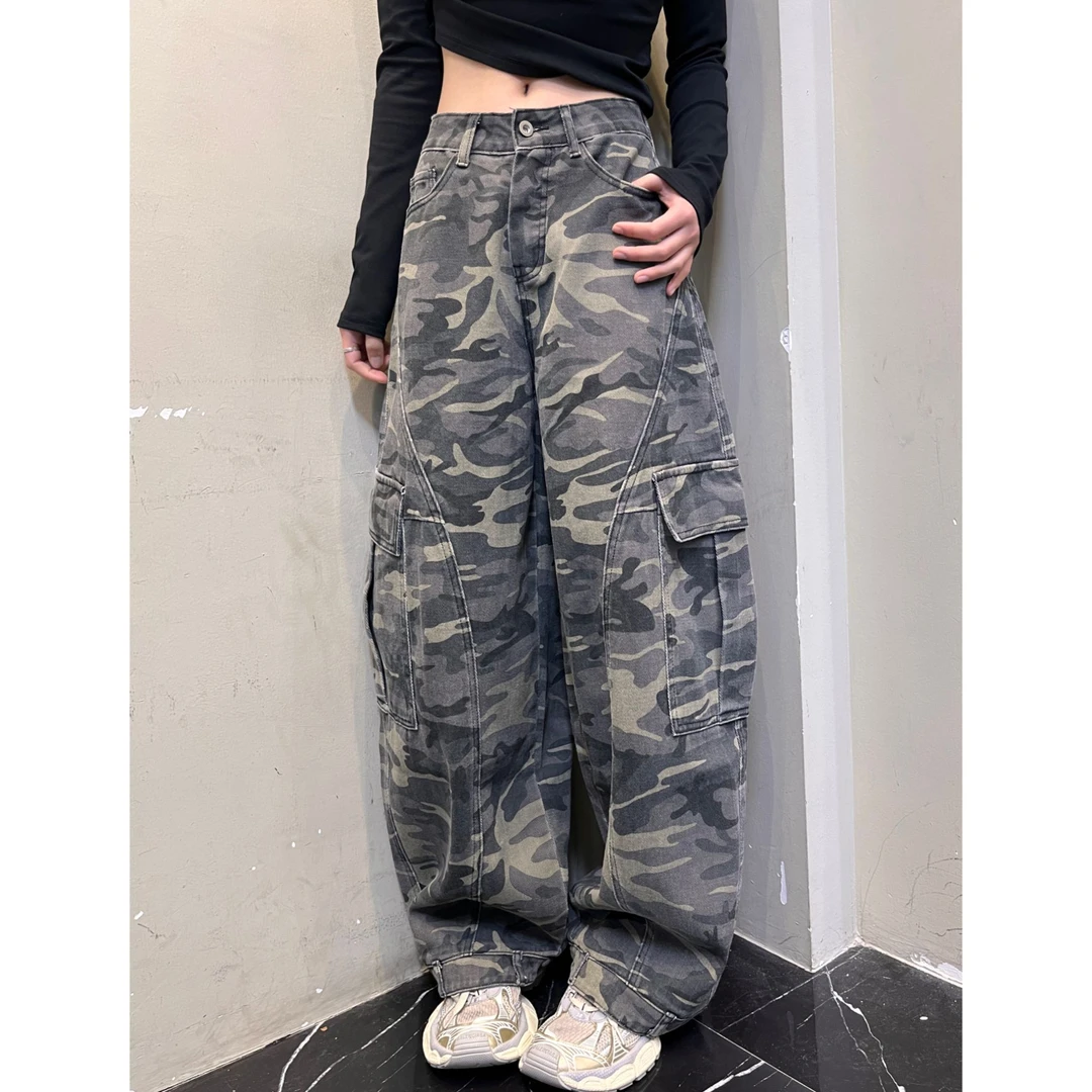 范范与凡凡【迷彩工装】复古迷彩阔腿工装裤宽松反穿设计弯刀拖地裤