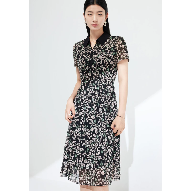 dunnu敦奴短袖复古半开领翻领植绒印花连衣裙女气质