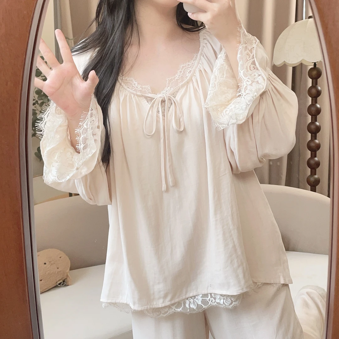 【6068杏色】秋季甜美长袖棉纱可外穿公主家居服睡衣宽松睡衣套装