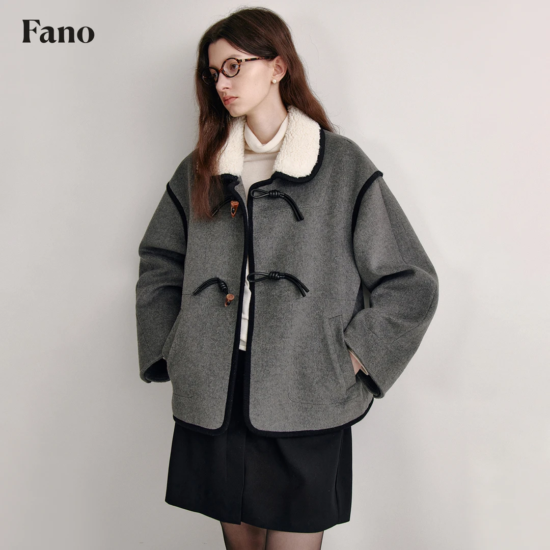 范洛牛角扣装饰毛领呢外套FD24W283推广1