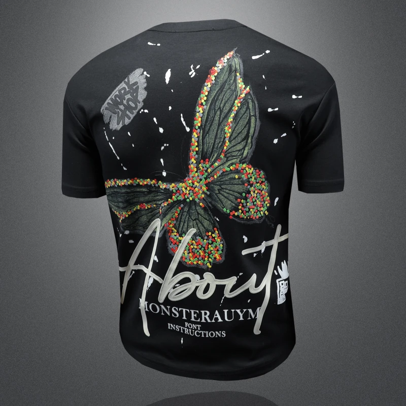 高端时尚圆领夏季短袖t恤男2025潮流休闲蝴蝶印花男士短袖体恤潮