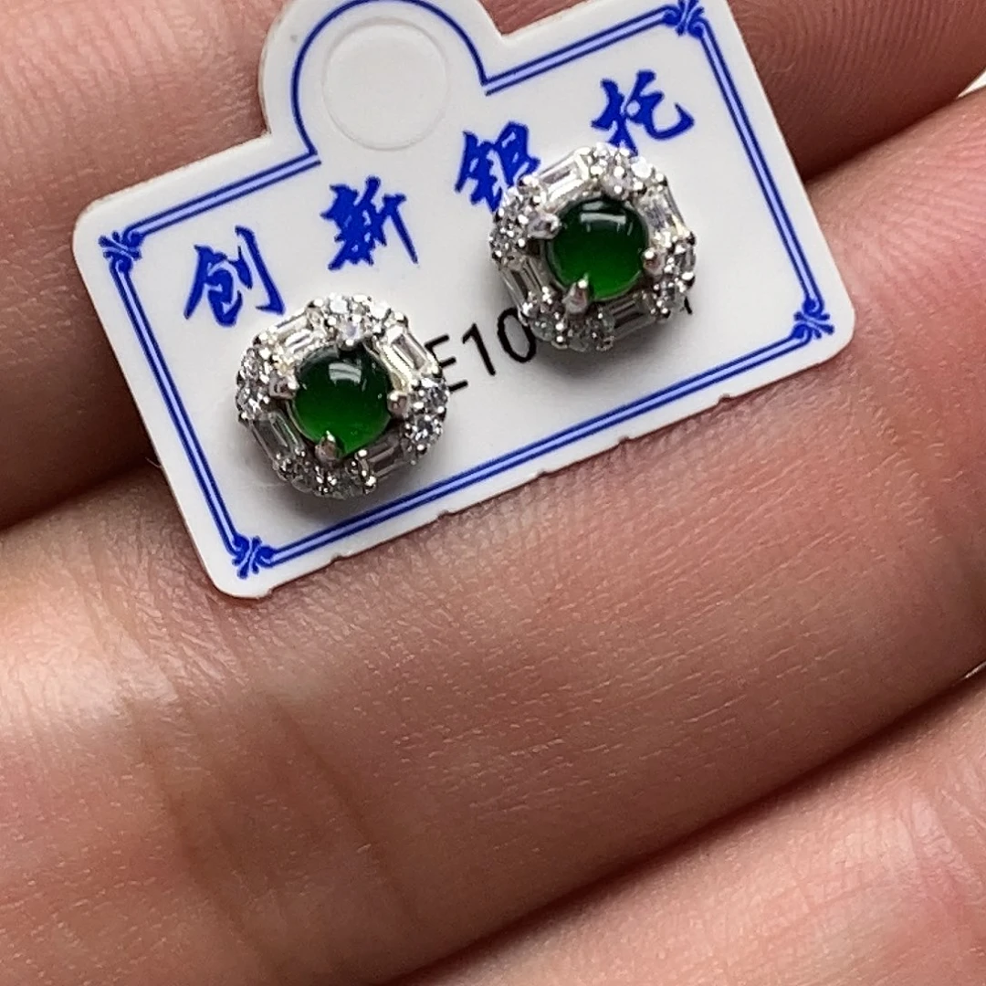 翡翠银S925镶嵌耳饰翡翠耳钉女款时尚款