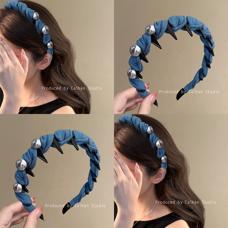 里约往事~时尚牛仔蓝珍珠发箍女2025新款韩系气质带齿头箍盘发器