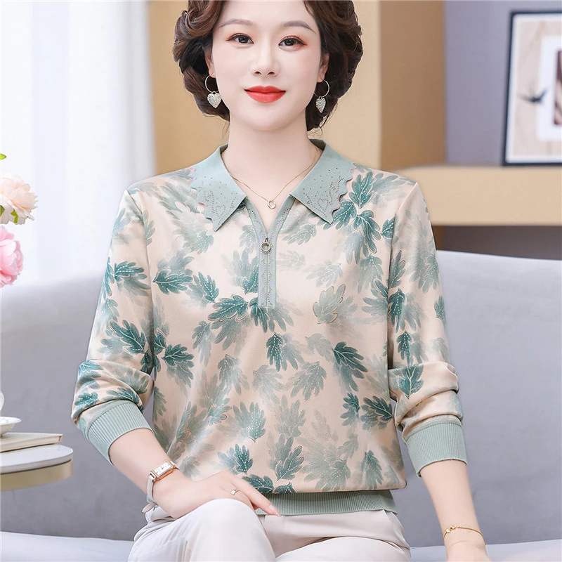 中老妈妈秋装新款洋气翻领T恤衫中老年女士薄长袖上衣春秋打底衫