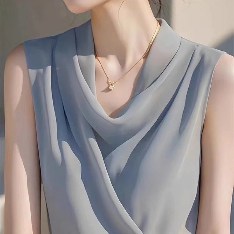 法式蓝色雪纺衬衫女洋气高级感夏季新款无袖荡领上衣独特小众女装