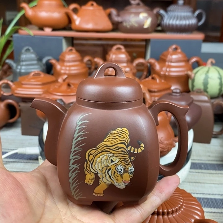 茶壶紫砂福韵八方260cc原矿老紫泥全手工彩绘，