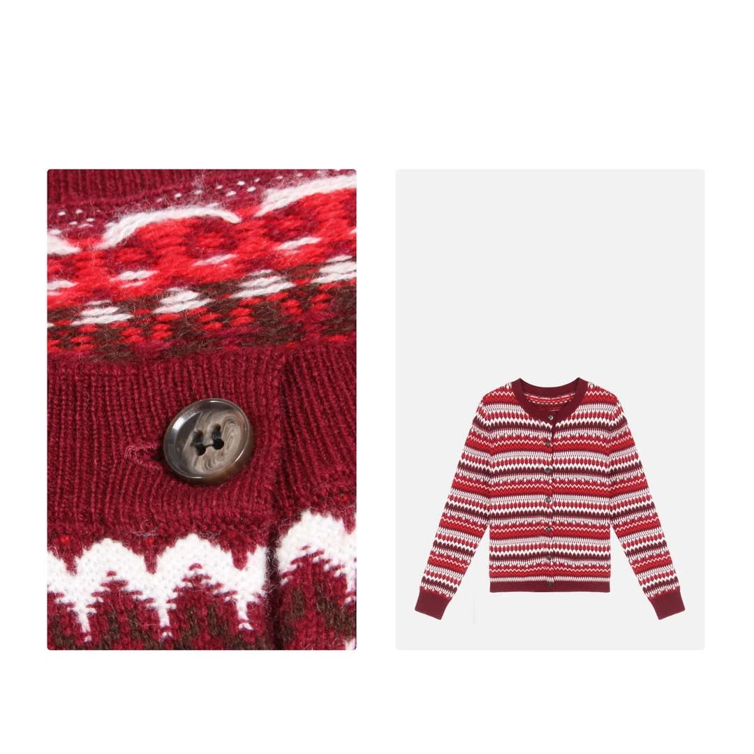 凯特丝蓓1153#红色费尔岛复古圆领冬针织开衫