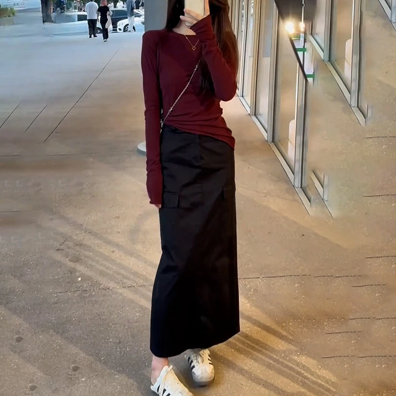 春季新款女装纯欲风洋气圆领长袖T恤上衣高腰显瘦半身裙两件套潮