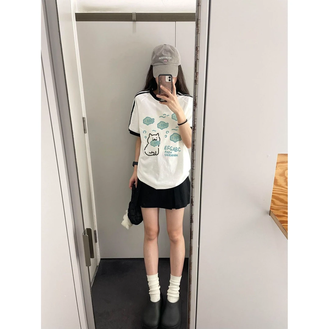 100%纯棉小众卡通小猫印花撞色条纹短袖t恤女款夏季新款宽松上衣