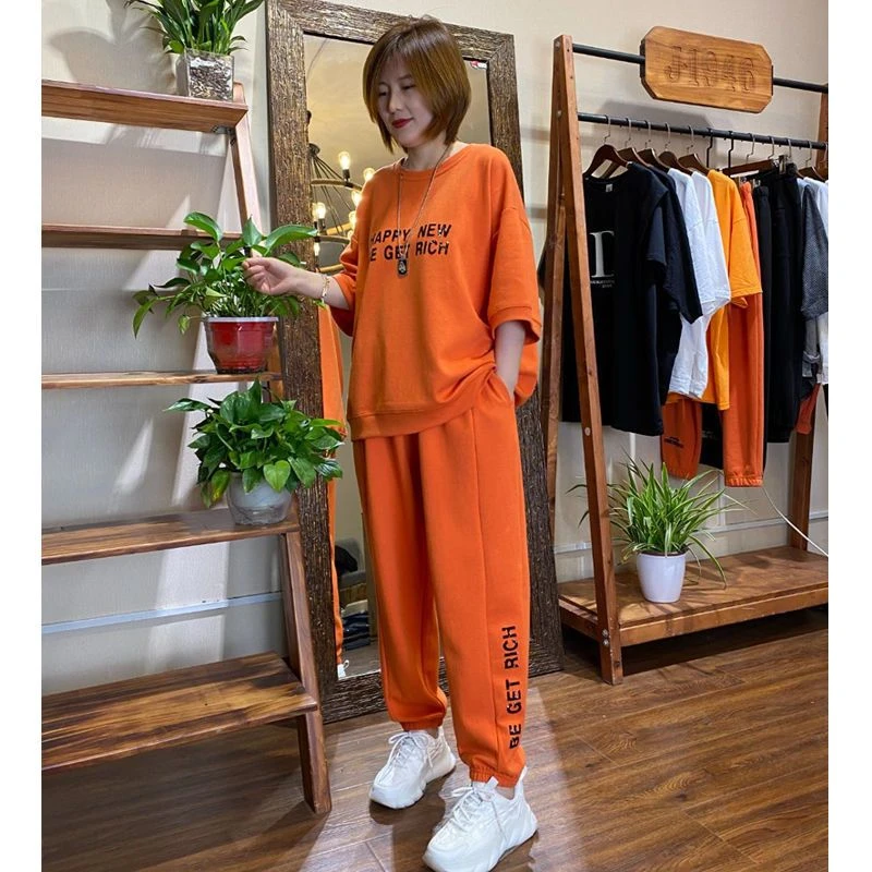 2025休闲时尚套装女百搭夏季印花字母胖MM遮肉显瘦短袖长裤两件套