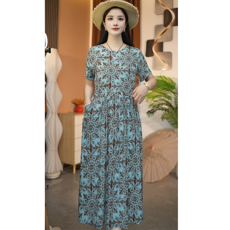 (青蔓)夏季棉绸裙子新款时尚短袖系带大码宽松中长款连衣裙