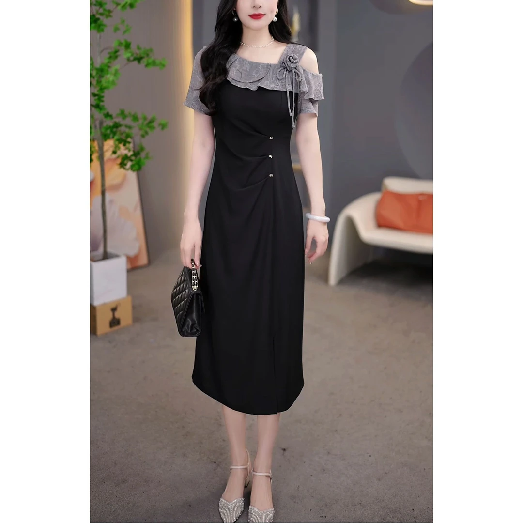 时尚气质露肩短袖连衣裙2025夏季新款收腰显瘦假两件开叉a字裙子