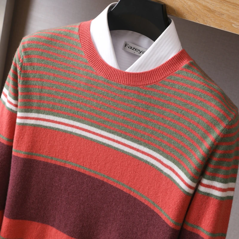 秋冬新款男士圆领多色条纹显瘦长袖针织衫休闲百搭羊毛衫大码毛衣