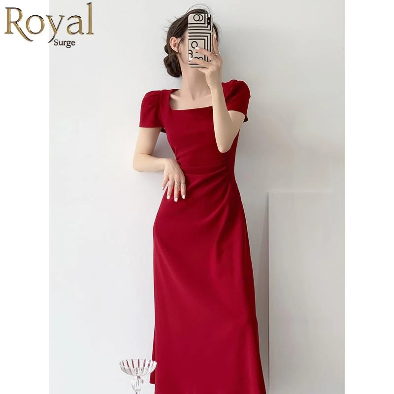 红色短袖连衣裙女夏季法式订婚礼服敬酒服平时可穿红裙子收腰长裙