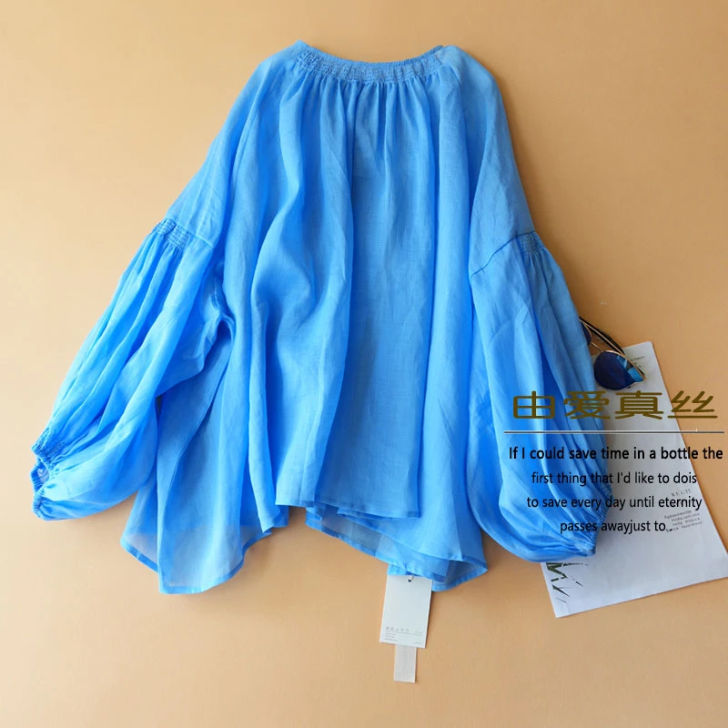 早秋新品设计感时尚百搭苎麻长袖宽松灯笼袖衬衫上衣蓝色