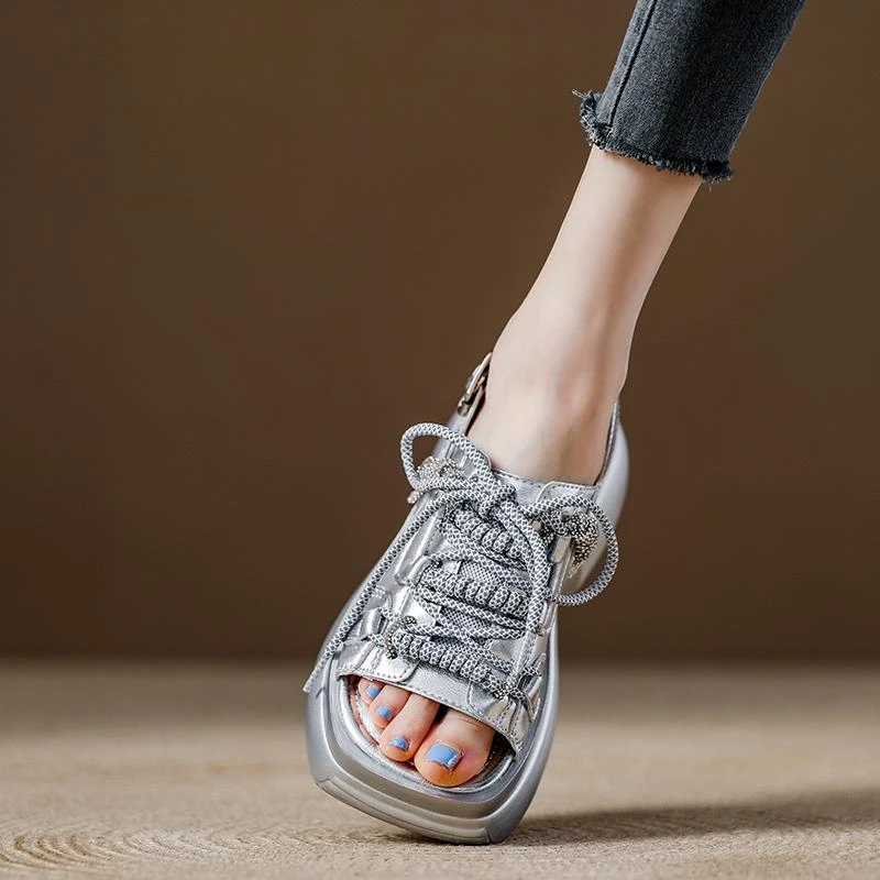 真皮厚底松糕罗马凉鞋女2025夏季新款女鞋百搭休闲小个子增高鞋子