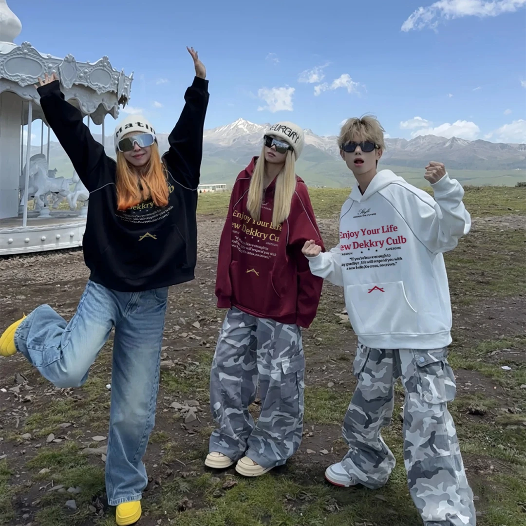 美式潮牌复古字母印花反光条连帽卫衣男宽松上衣百搭情侣休闲外套