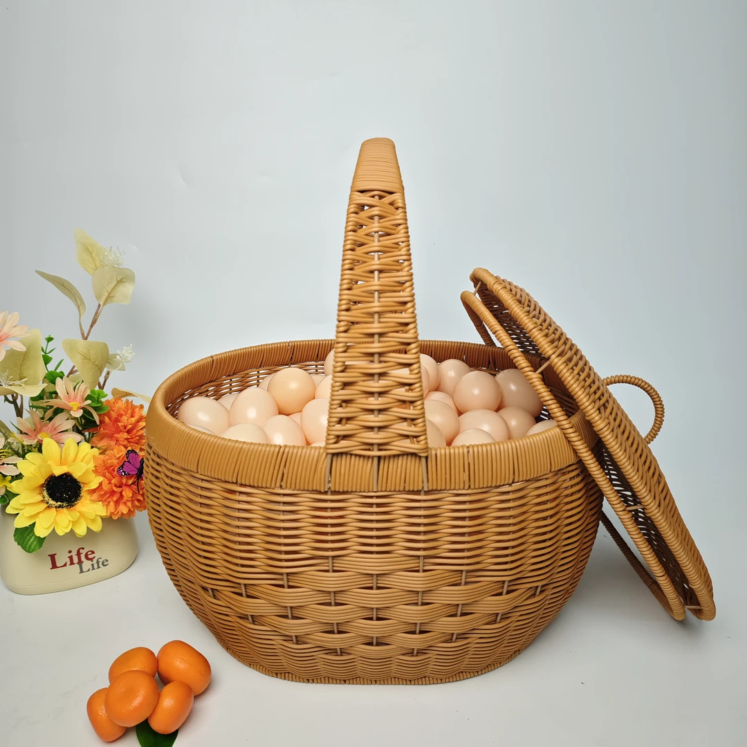 手工藤编织带盖手提篮户外野餐采摘买菜购物篮鸡蛋筐结婚送礼菜篮