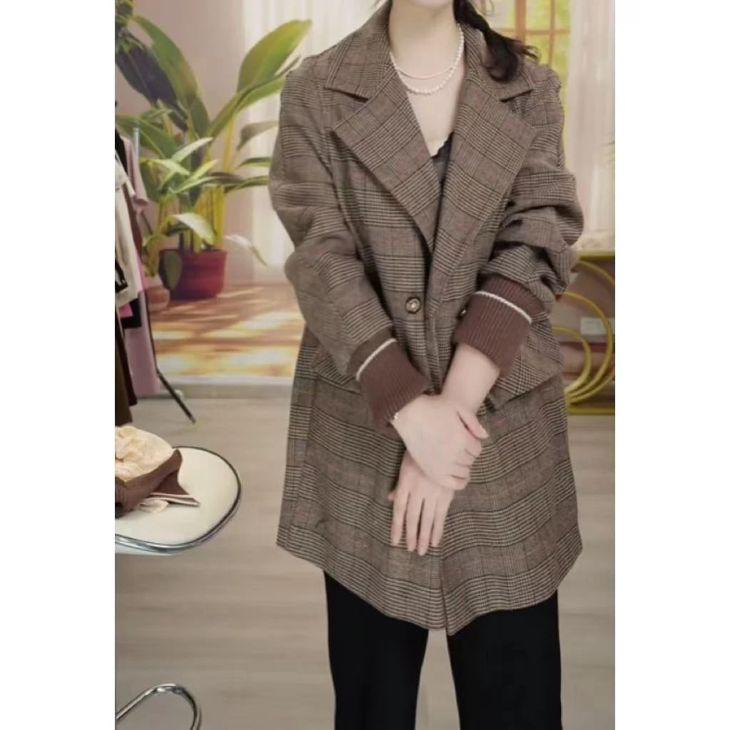 Y626 新款大衣中长款气质宽松时尚毛呢子翻领大衣外套格纹